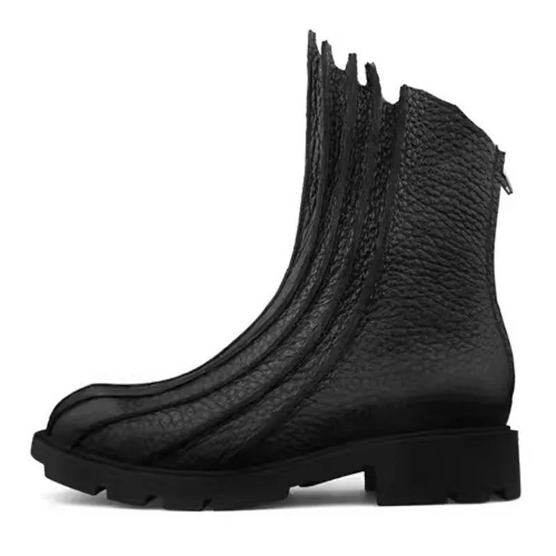 Winter New Mens Casual Black Designer Genuine Leather Comfortable Boots Mid Heel Zipper Motorcycle Round Toe Shoes Fashion Male