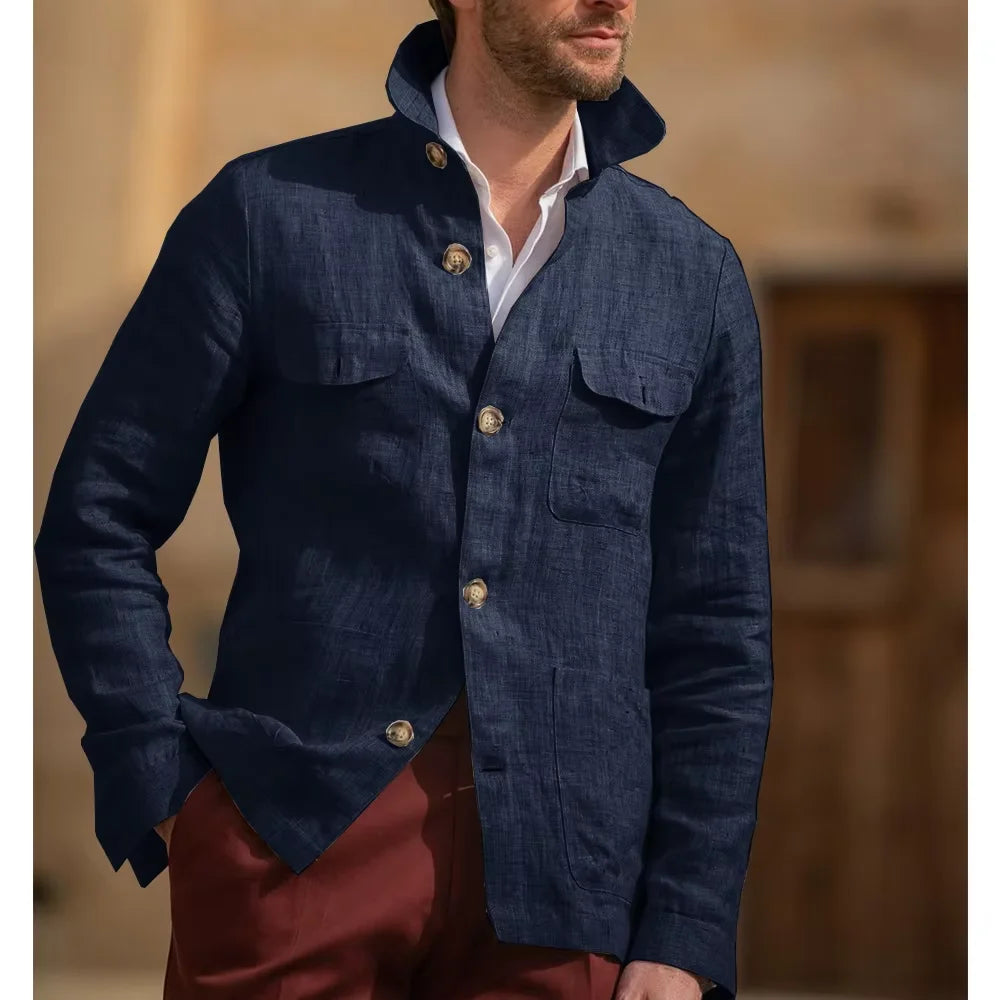 Men's Linen Safari Jacket Vintage Stand Collar Breathable Multi-Pocket Lightweight Casual Blazer Cotton Linen Blend For Summer