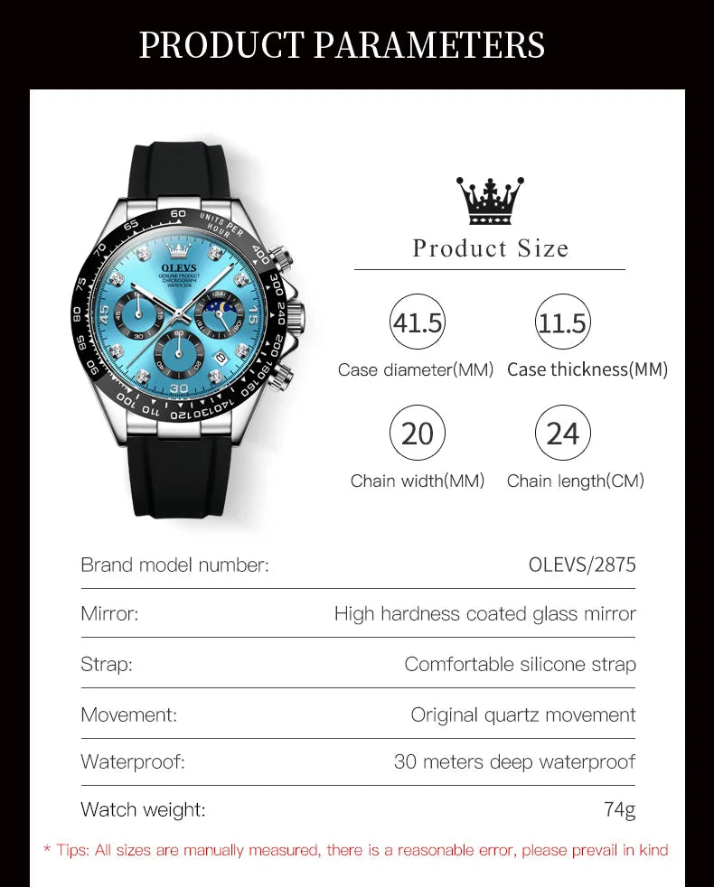 OLEVS Watches for Men Chronograph Analog Quartz Watch Moon Phase Silicone Diamond Waterproof Luminous Quartz Wrist Watches