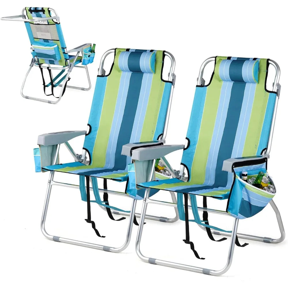 Tall Beach Chair 2 Pack Lightweight, Backpack Beach Chair for Adults with 5-Position, Cooler Bag, Cup Holders, Customized