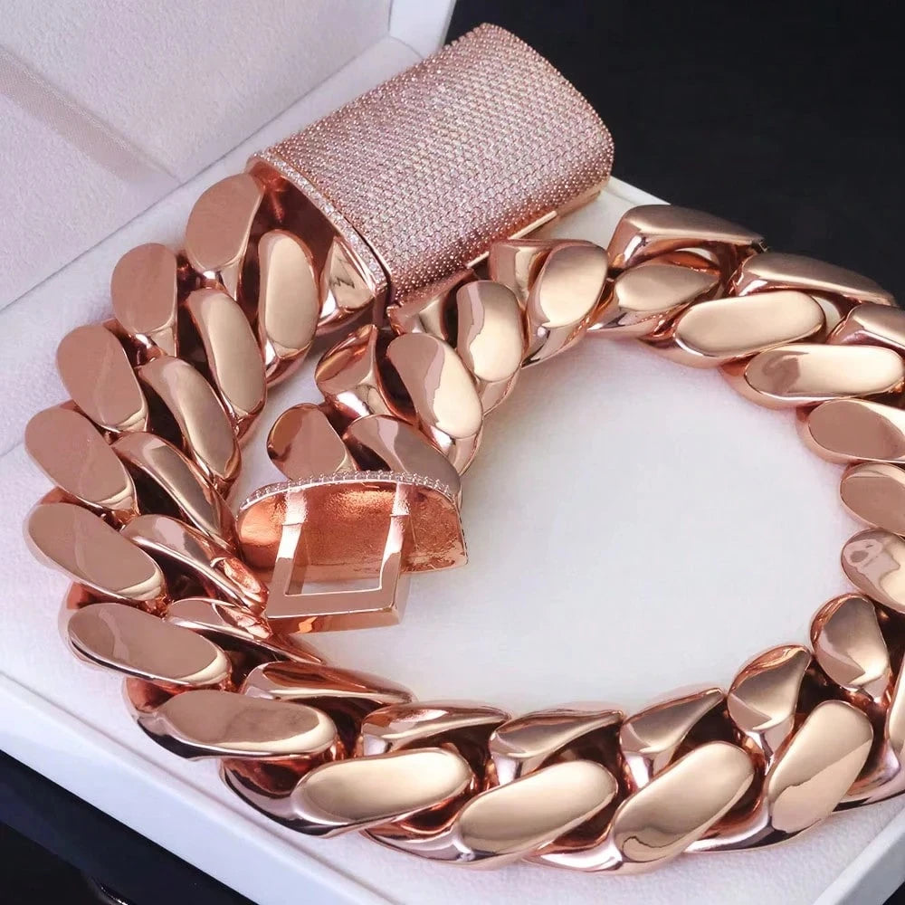 14-22mm Rose Gold  Stainless Steel Cuban Miami Link Chain Iced Out CZ Box Clasp Necklace Fashion Hip Hop Unisex Jewelry (1PC)