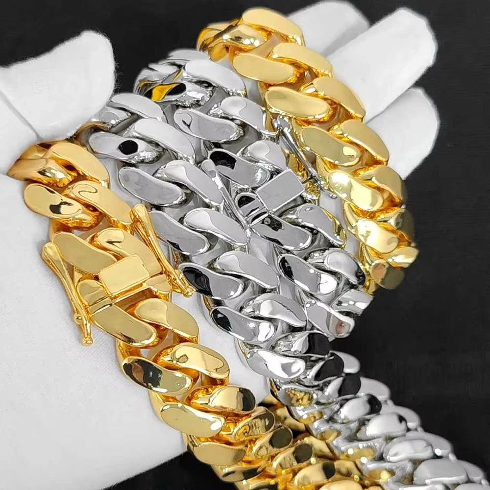 8-22mm Hip Hop Bling Gold Color Stainless Steel  Cuban Miami Link Chain Necklaces for 18k Gold-plated Men Rapper Jewelry(1PC)