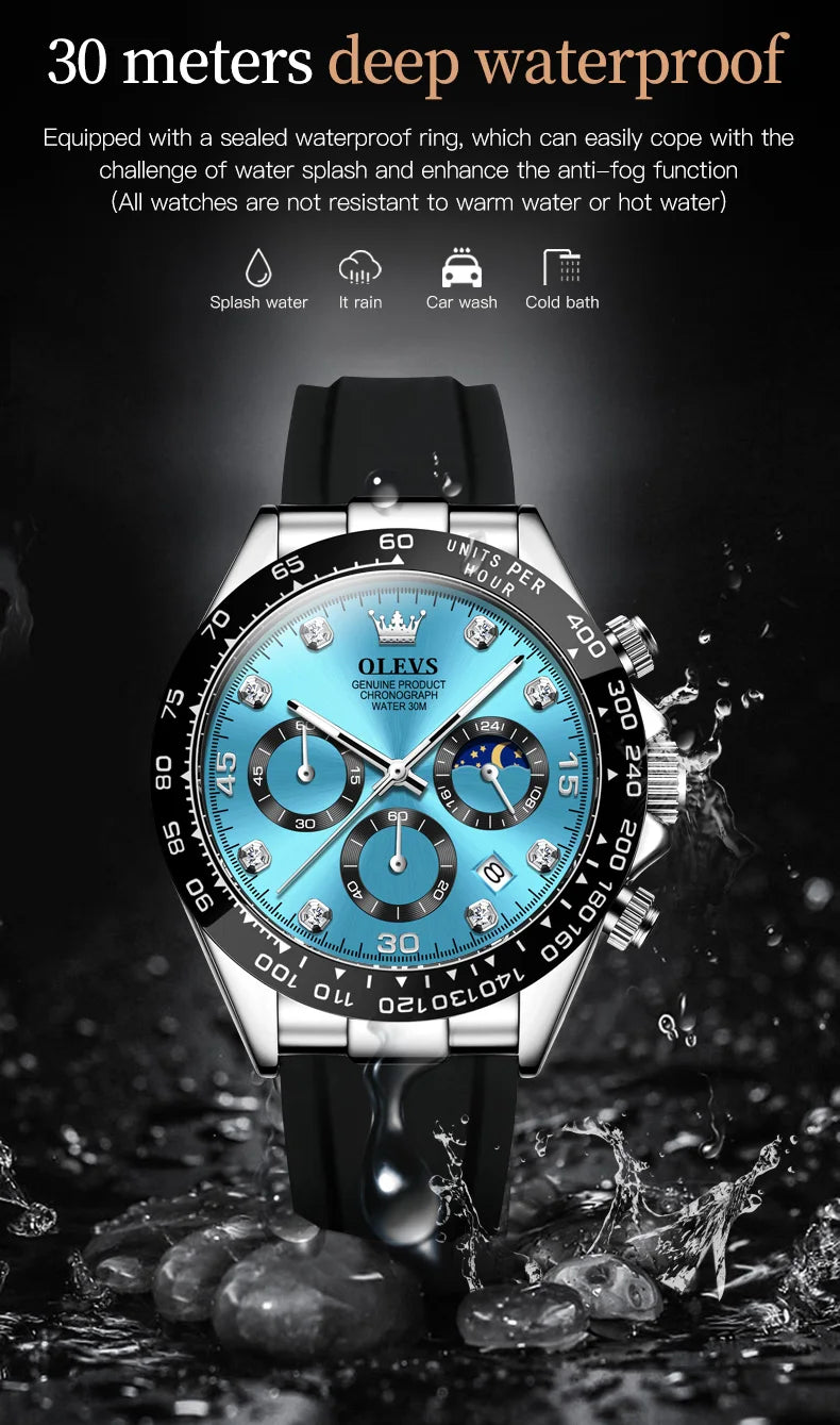 OLEVS Watches for Men Chronograph Analog Quartz Watch Moon Phase Silicone Diamond Waterproof Luminous Quartz Wrist Watches