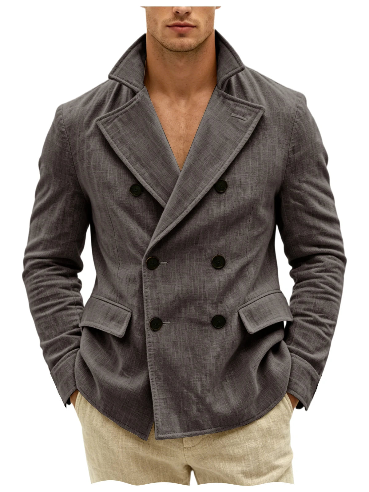 Men's Khaki Linen Blazer Double Breasted Peaked Lapel Lightweight Breathable Soft Cool Casual Formal Sport Coat For Summer Beach