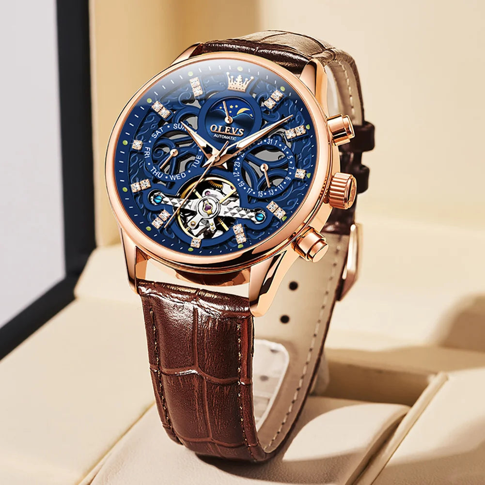 OLEVS Top Brand Men's Watches Fashion Skeleton Tourbillon Automatic Mechanical Wrist Watch for Men Waterproof Leather Strap New