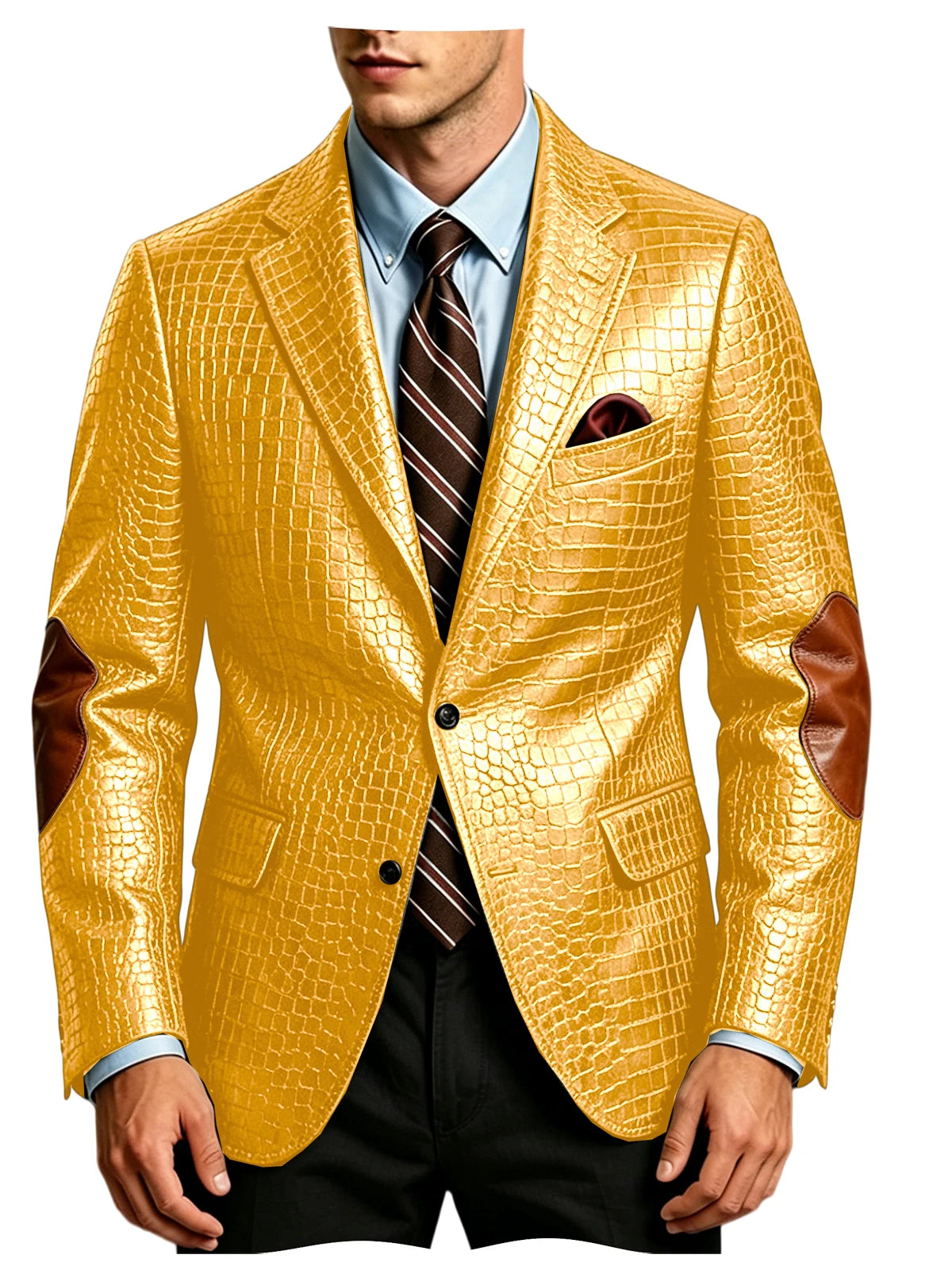 Luxury Men's Crocodile Embossed Leather Blazer Notched Lapel Elbow Patches 2 Button Slim Fit Jacket Business Casual For Wedding