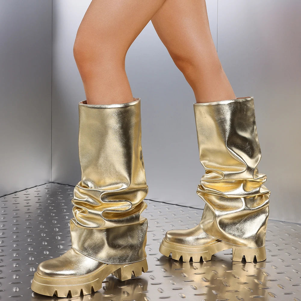New Luxury Round Toe Chunky Heel Folding  Ladies Boots Fashion Street Shoot INS Metallic Nightclub Boots Woman