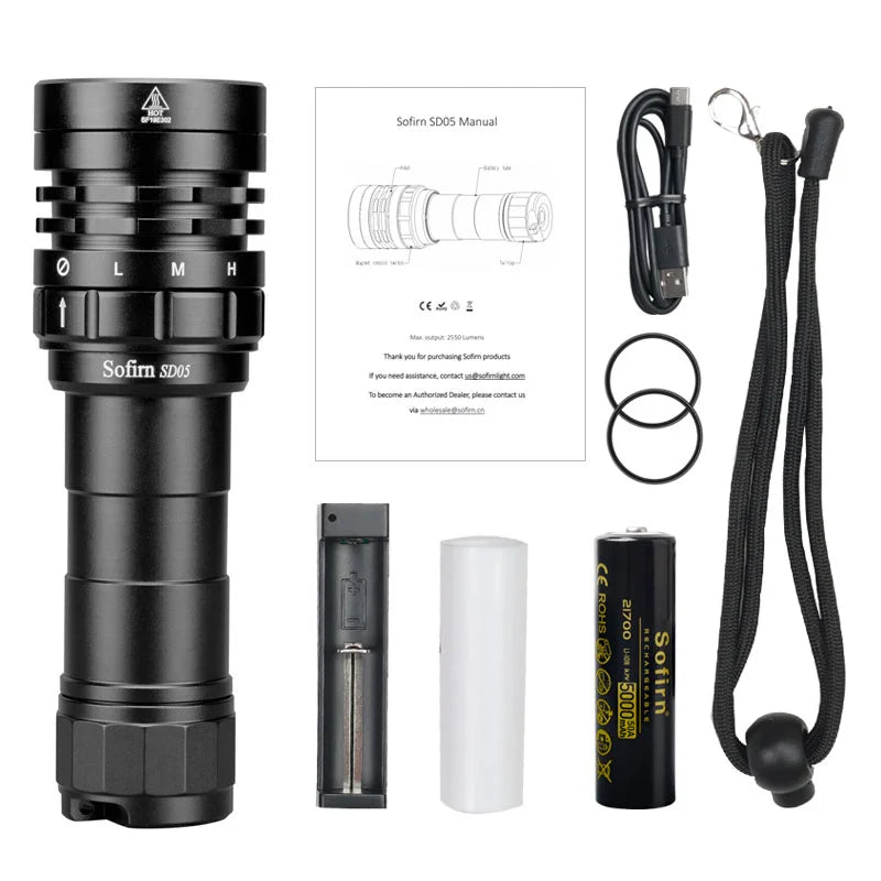 Sofirn SD05 Scuba Diving Flashlight XHP50.2 Super Bright 3000lm 21700 Battery Dive Torch with Magnetic Switch 5000K 6500K