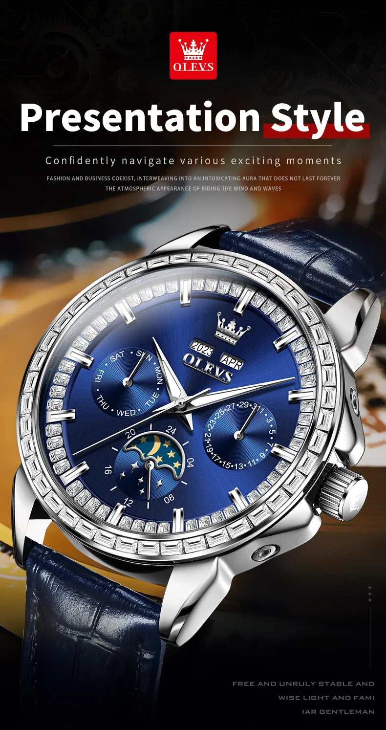 OLEVS 6695 NEW Men's Watches Full Diamond Multifunctional Dial Blue Leather Strap Calendar Week Moon Phase Waterproof Wristwatch