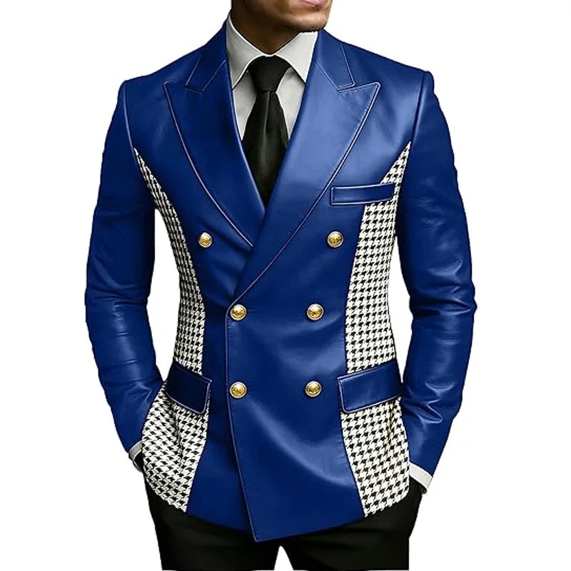Men’s Brown Leather Blazer With Houndstooth Sides Vintage Two-Tone Double Breasted Slim Fit Gold Buttons Leather Tuxedo Jacket