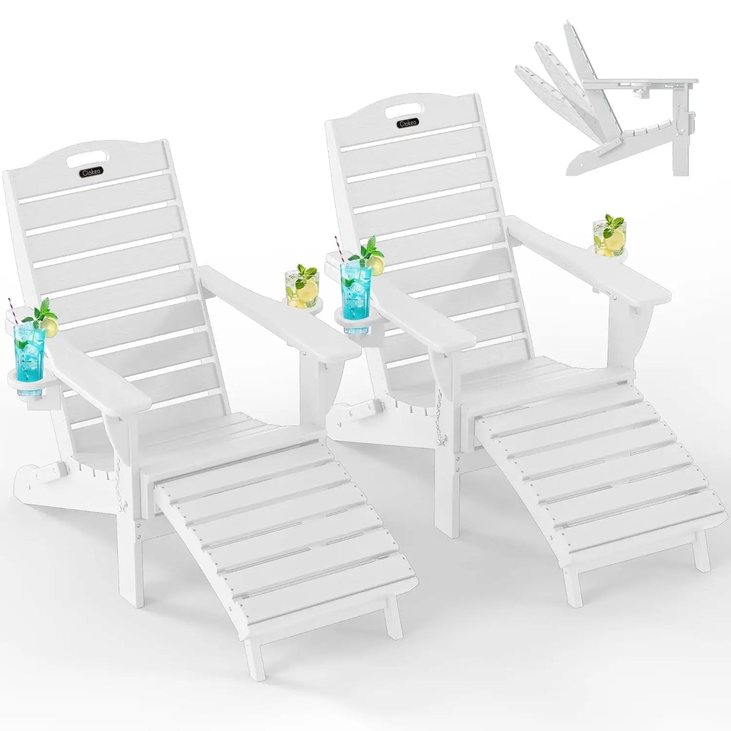 Folding Adirondack Chair Set of 2, Retractable Ottoman & Pull-Out Footrest, Weather Resistant for Fire Pit Lawn Outdoor , Custom