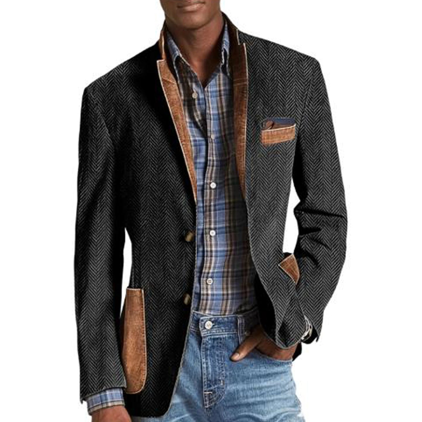 Vintage Men's Herringbone Blazer Casual Patchwork Suede Trim Notched Collar Suit Jacket Slim Fit Fashion Business Sport Coat