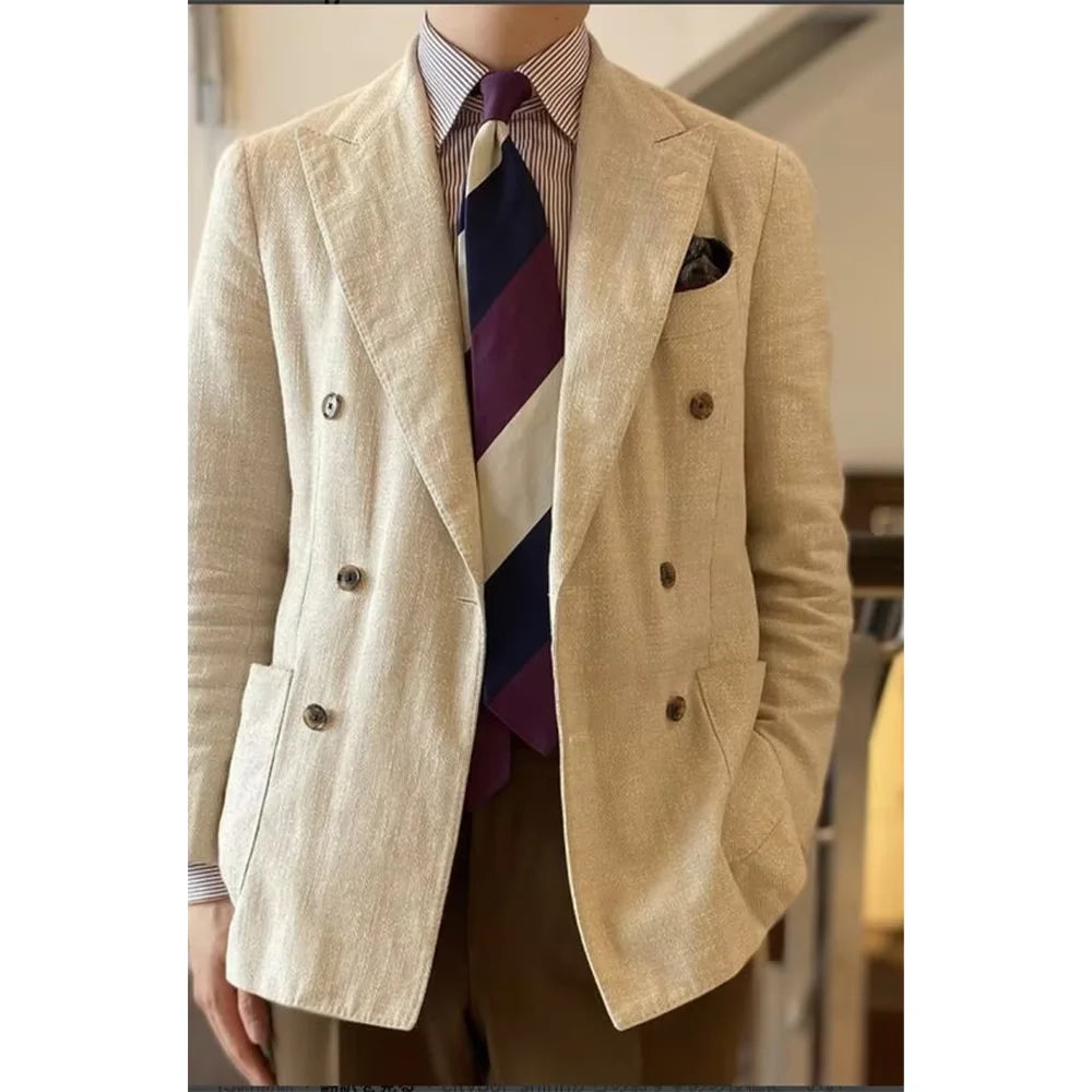 Elegant Men's Linen Blazer Double Breasted Peak Lapel Breathable Lightweight Fashion Casual Jacket Old Mmoney Aesthetic Business
