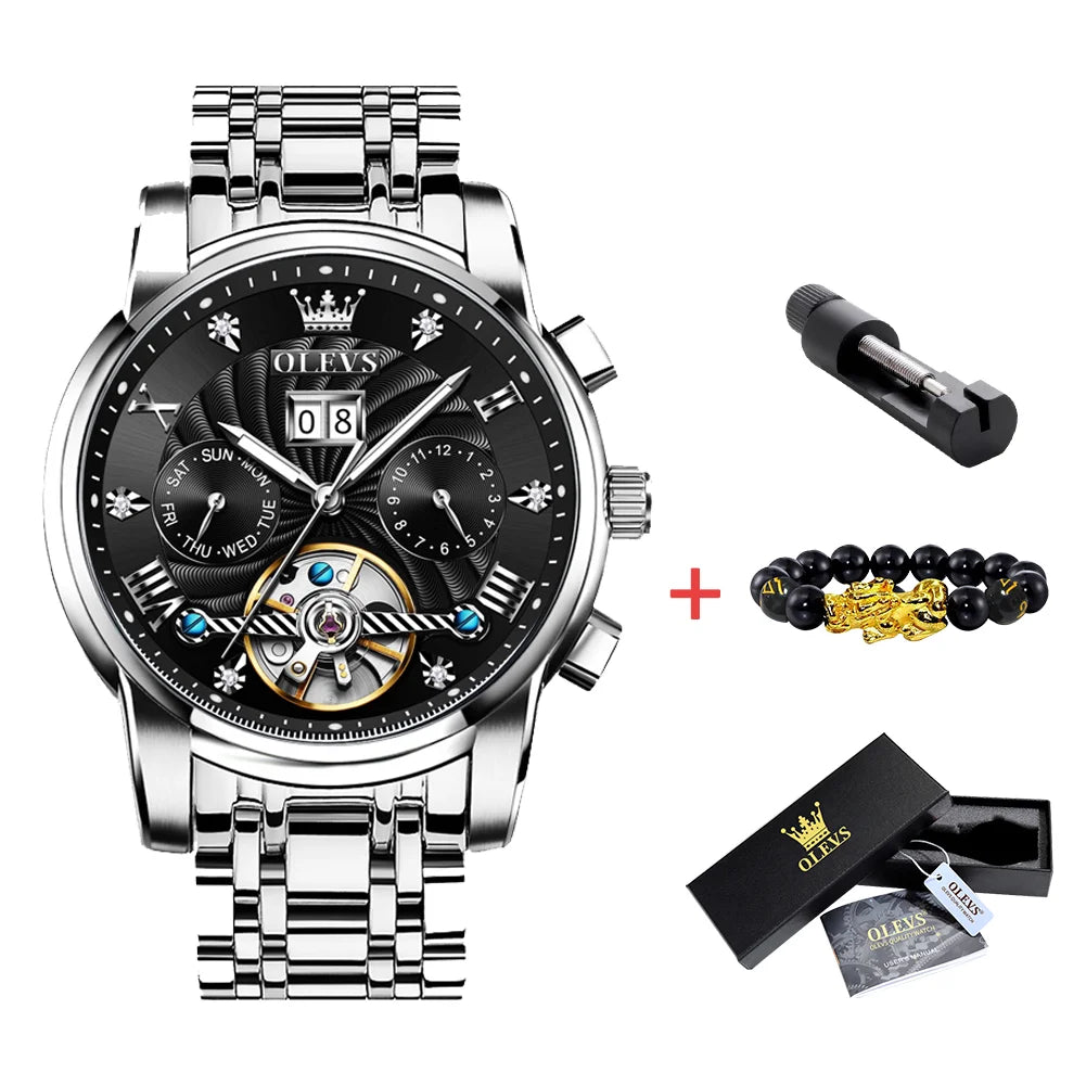 OLEVS Mechanical Watches Automatic Watch Men Waterproof Stainless Steel Strap Skeleton Gold Watch Male Wristwatch