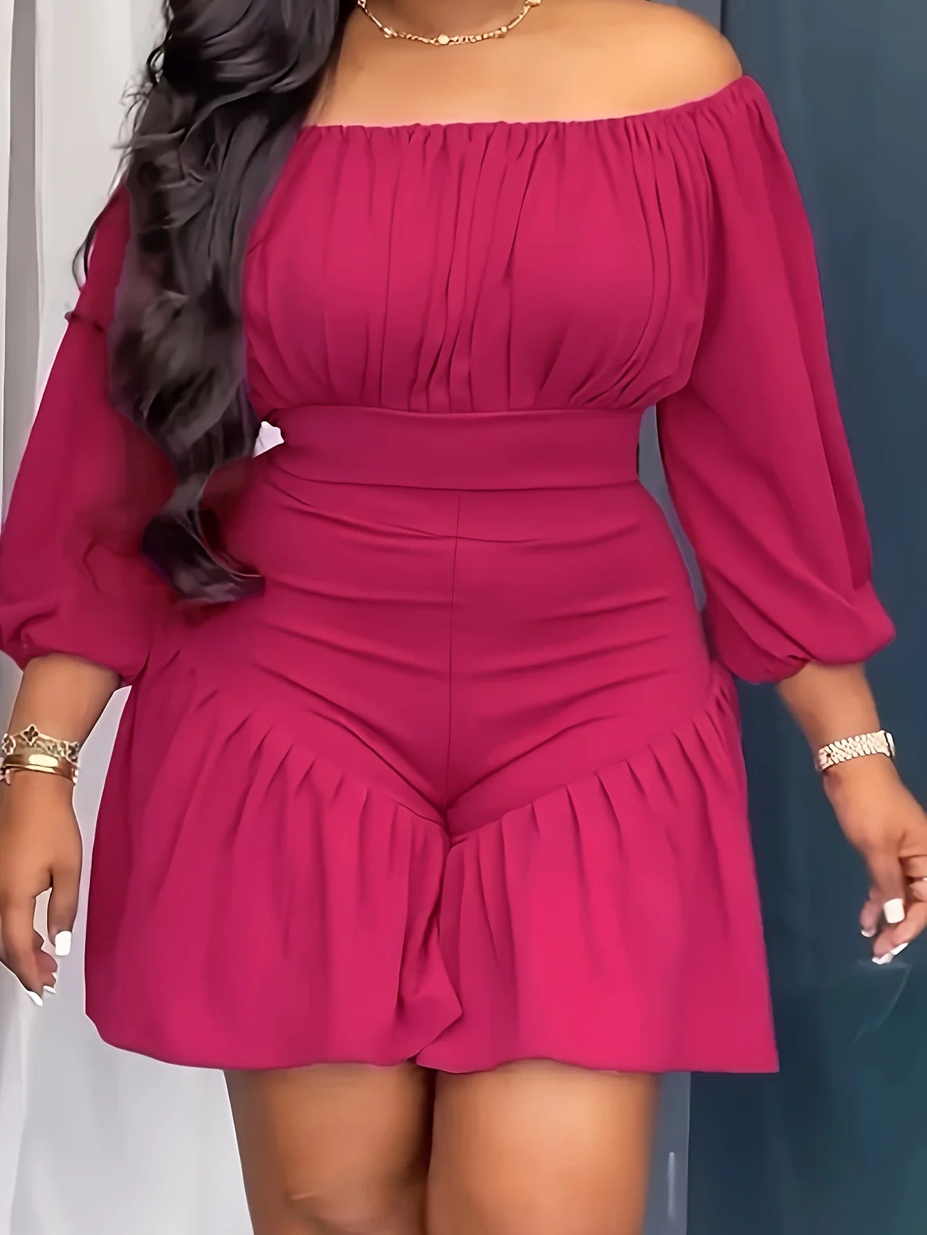 Rose Red Casual Off-the-shoulder Three-quarter Sleeve Ruffle Fitted Holiday Jumpsuit