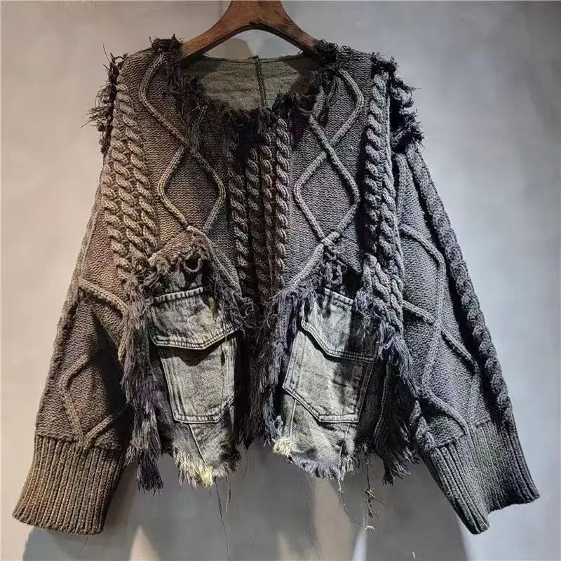 DEAT Women Pullover Long Sleeve Irregular Do Old Patchwork Pockets Vintage Washed Denim Sweater 2026 Summer New Fashion 29L8195