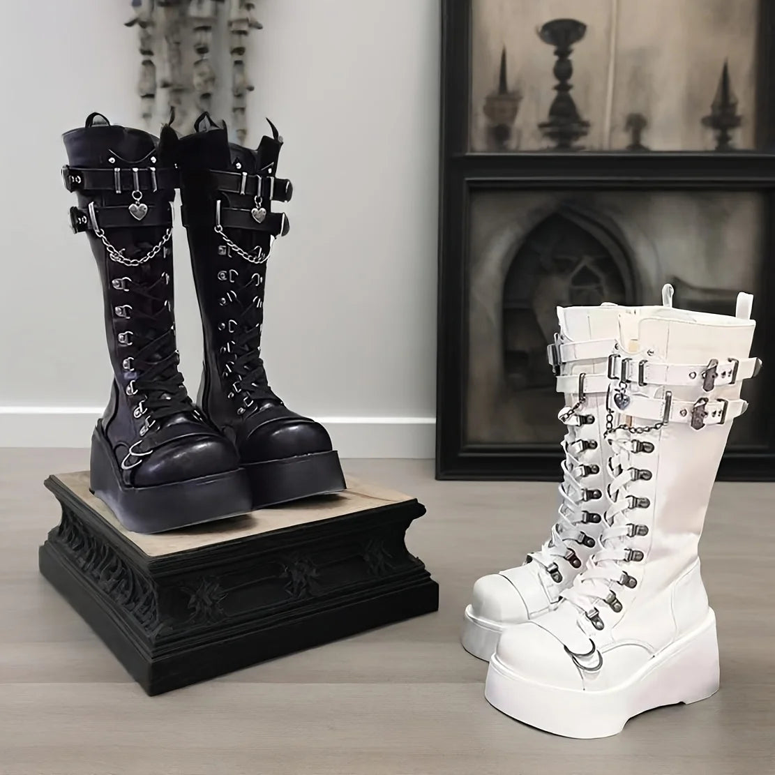 Women's Gothic Punk Combat Boots Wedge Heel Round Toe Mid-Calf Booties with Side Zipper Y2K Gothic Fashion LadiesDress Footwear,