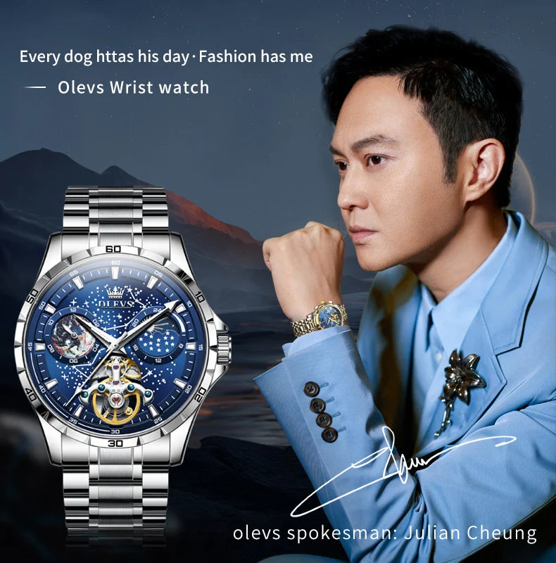 OLEVS Men's Watches Waterproof Multifunctional Luminous Fully Automatic Mechanical Watch Moon Phase Starry Original TOP Brand