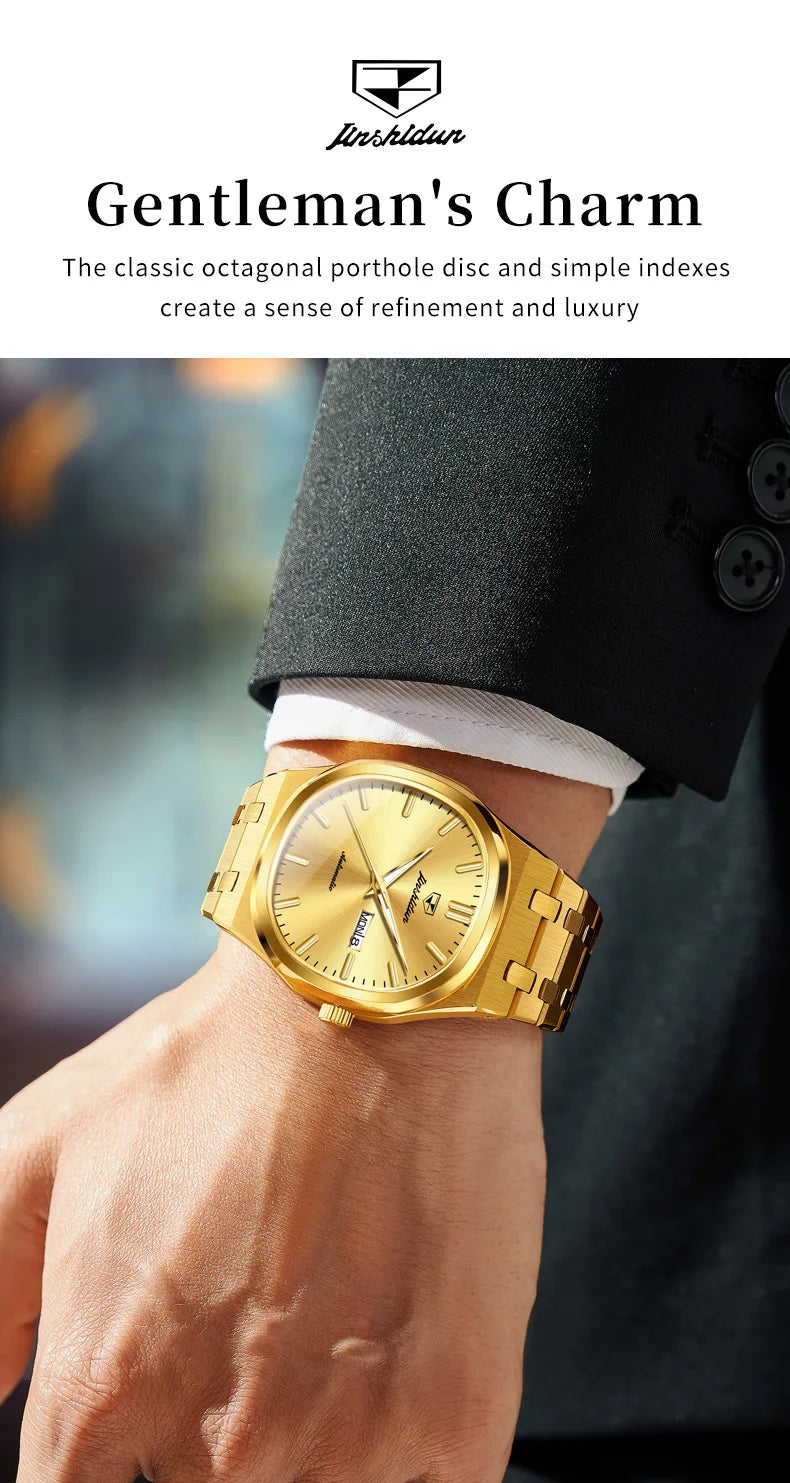 JSDUN 8966 Full Gold Watch for Men Automatic Mechanical Dual Calendar Display Waterproof Night light Man Wristwatch
