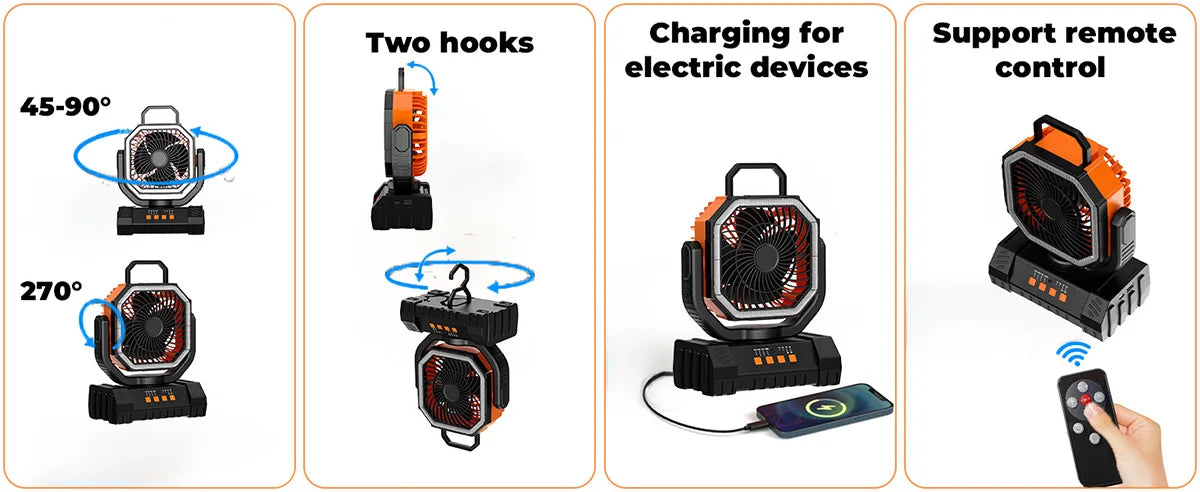 20000mAh Battery Powered Fan Rechargeable Camping Fan 4 Speeds Gear with LED Outdoor Tent Fans with Hanging Hook Remote