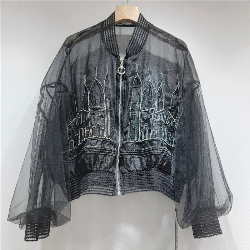 DEAT Women's Coat Stand Collar Zipper Casual Embroidery Perspective Lightweight Mesh Jackets 2026 Summer New Fashion 29A7383
