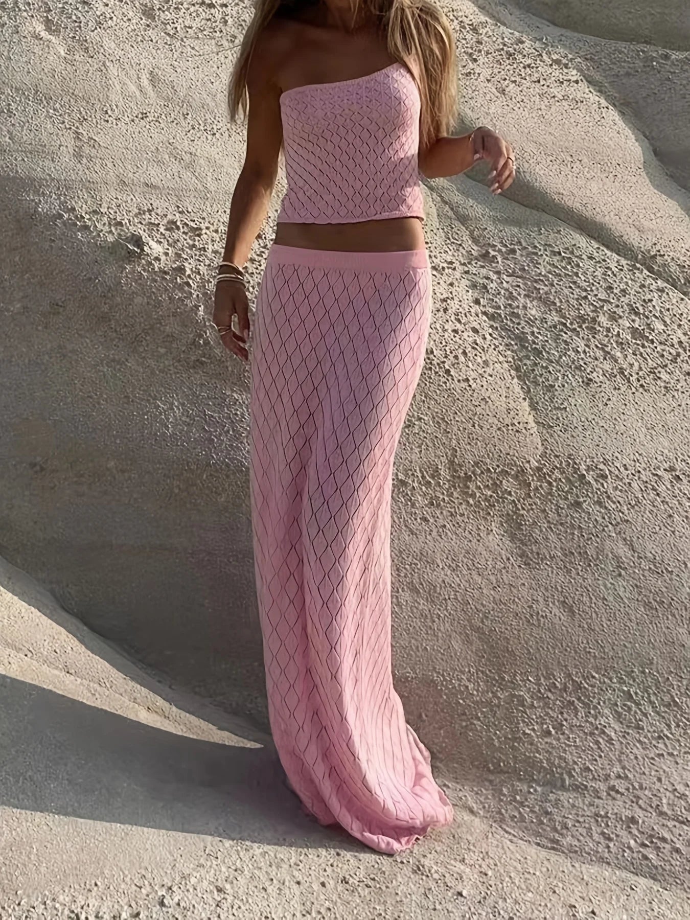 Women's Pink Lattice Hollow Out Knit 2-Piece Set Bandeau Crop Top + Maxi Skirt Boho Vacation Outfit