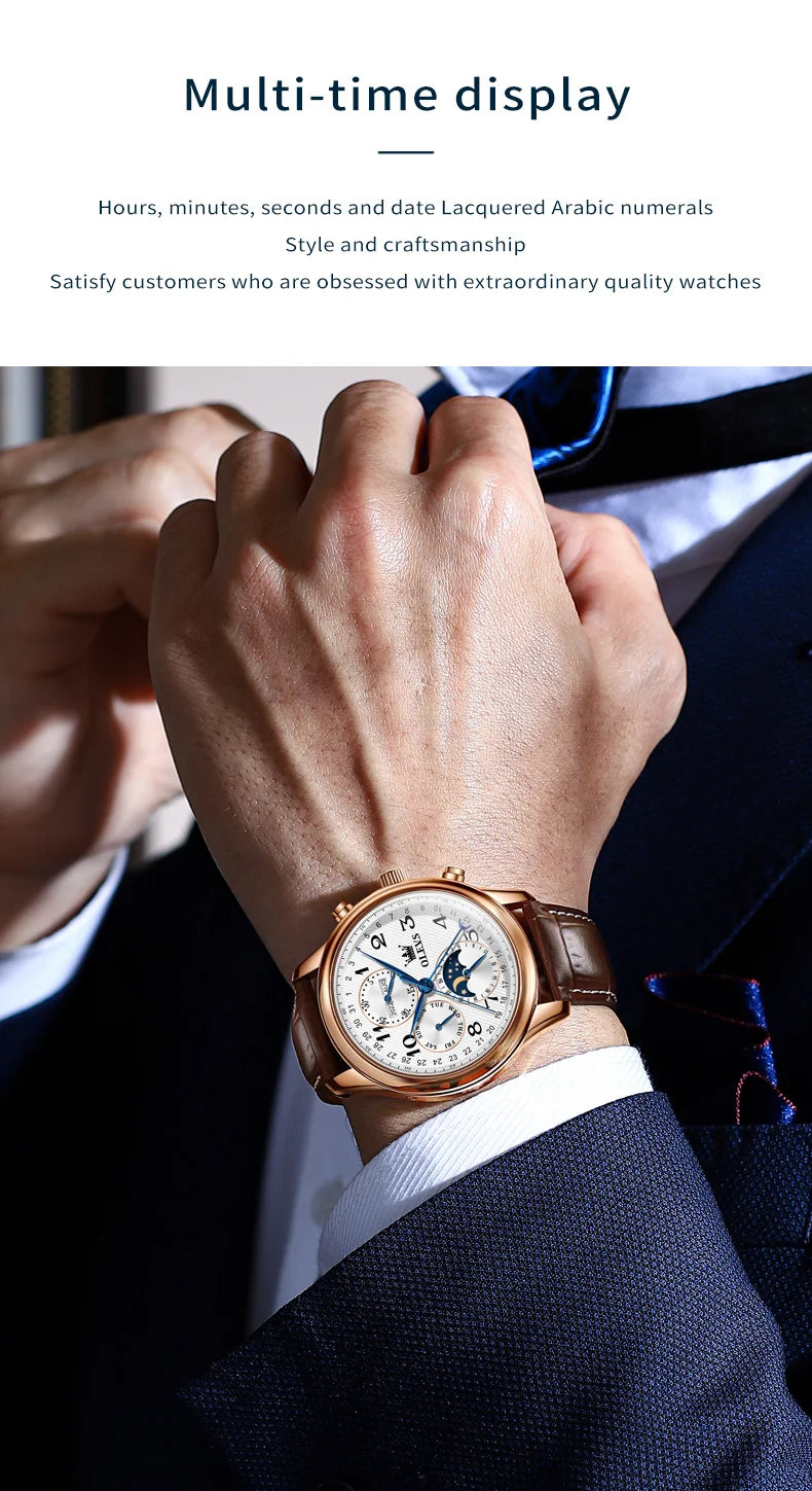 OLEVS Original Men's Automatic Wristwatch Moon Phase Calendar Waterproof Stainless Steel Leather Strap Mechanical Watch for Men