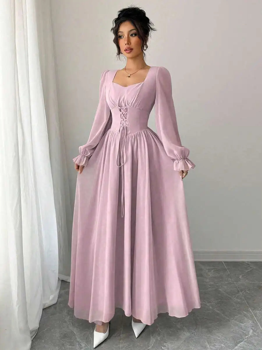 Elegant Blue Long Sleeve Maxi Dress with Corset Lace-Up Waist, Square Neck, Ruffled Cuffs for Spring Summer Events