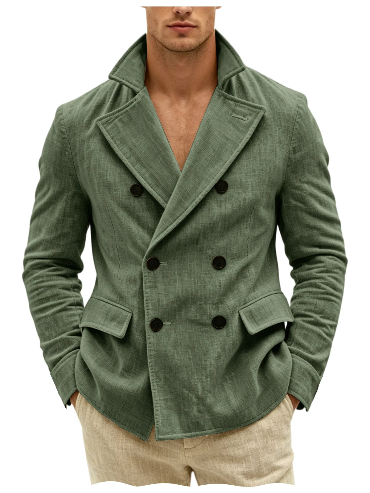 Men's Khaki Linen Blazer Double Breasted Peaked Lapel Lightweight Breathable Soft Cool Casual Formal Sport Coat For Summer Beach