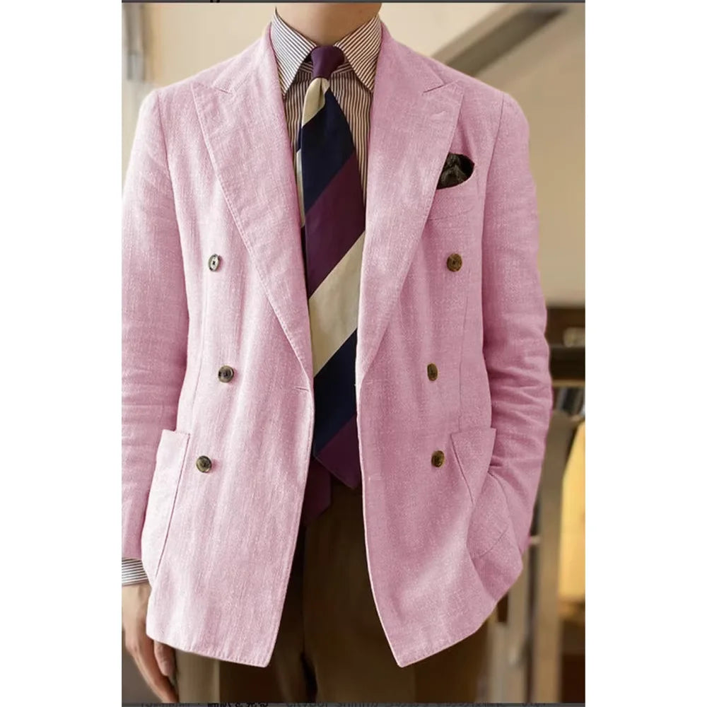 Elegant Men's Linen Blazer Double Breasted Peak Lapel Breathable Lightweight Fashion Casual Jacket Old Mmoney Aesthetic Business