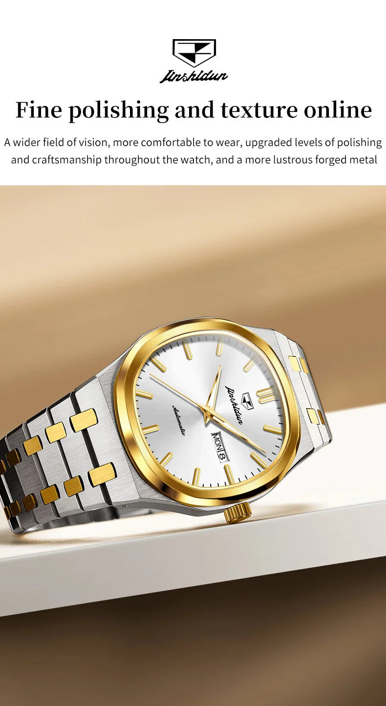 JSDUN 8966 Full Gold Watch for Men Automatic Mechanical Dual Calendar Display Waterproof Night light Man Wristwatch