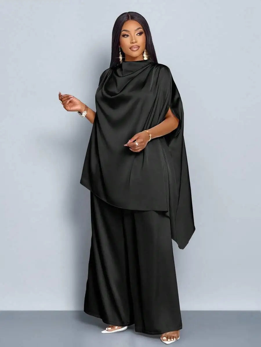 Women's Satin Mock Neck Asymmetrical Blouse & Straight Leg Pants Set, Elegant Plus Size Outfit for Fall