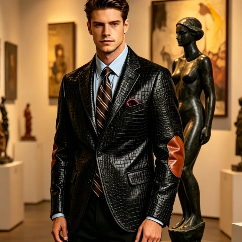 Luxury Men's Crocodile Embossed Leather Blazer Notched Lapel Elbow Patches 2 Button Slim Fit Jacket Business Casual For Wedding