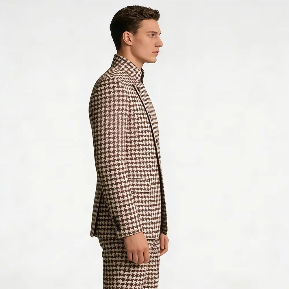 Elegant Men's Houndstooth Suit 2 Piece Mandarin Collar Slim Fit Fashion Jacket Pants Vintage Male Set For Formal Business Weddin