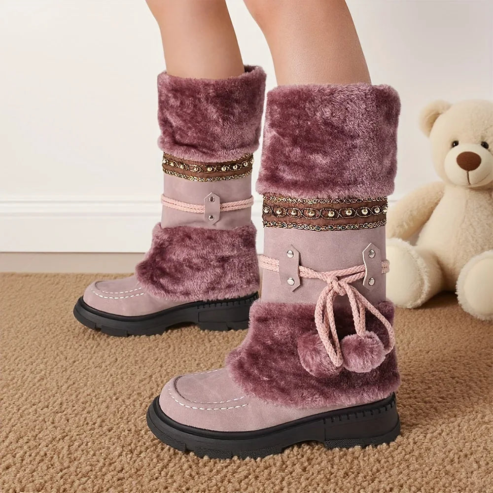 Women's Winter Furry Knee High Snow Boots Fashion Platform Chunky Heels Warm Faux Fur Lining Pull On Casual Comfy Boots Woman
