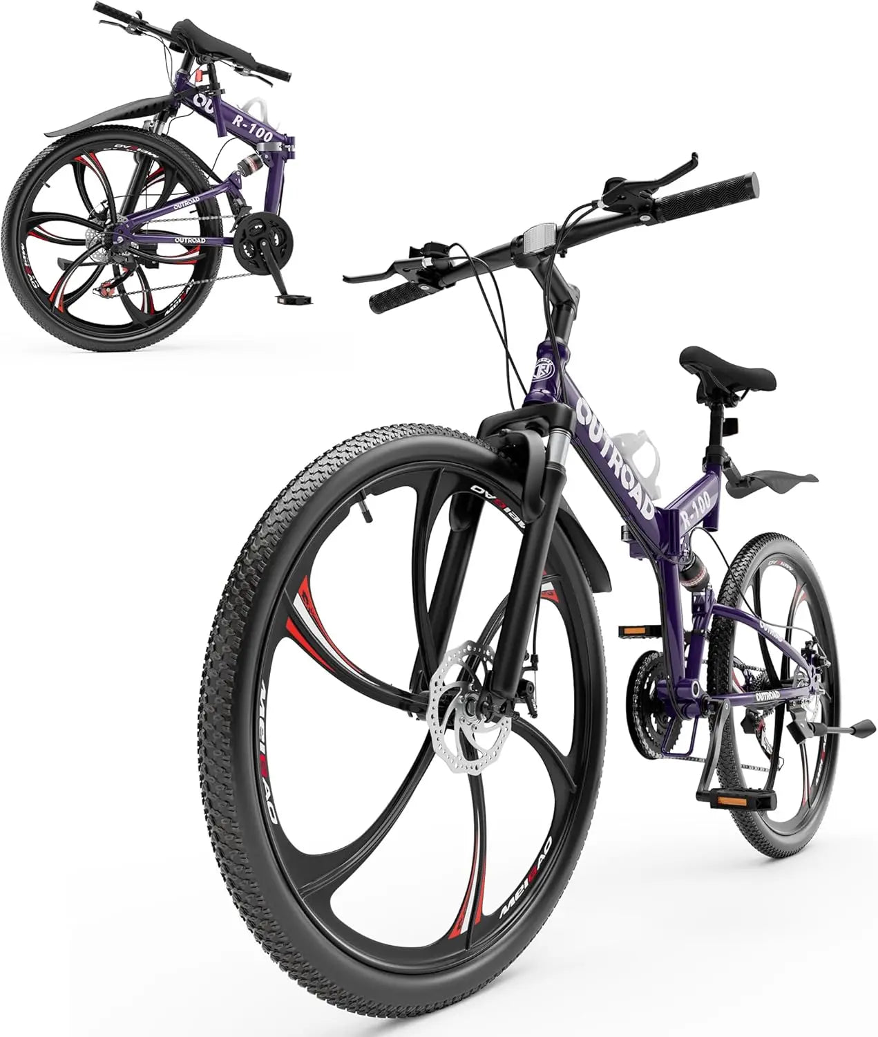 26 inch Folding Mountain Bike, Carbon Steel Frame and 21 Speed, Double Disc Brake and Dual Suspension Folding Bike