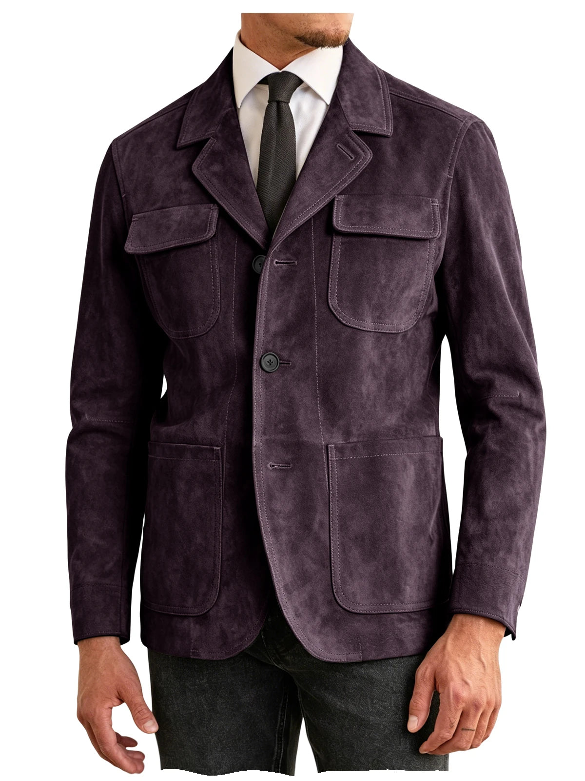 Men's Suede Safari Jacket Navy Slim Fit Fashion Multi-Pocket Notched Lapel Retro Casual Hunting Blazer For Business Daily Wear