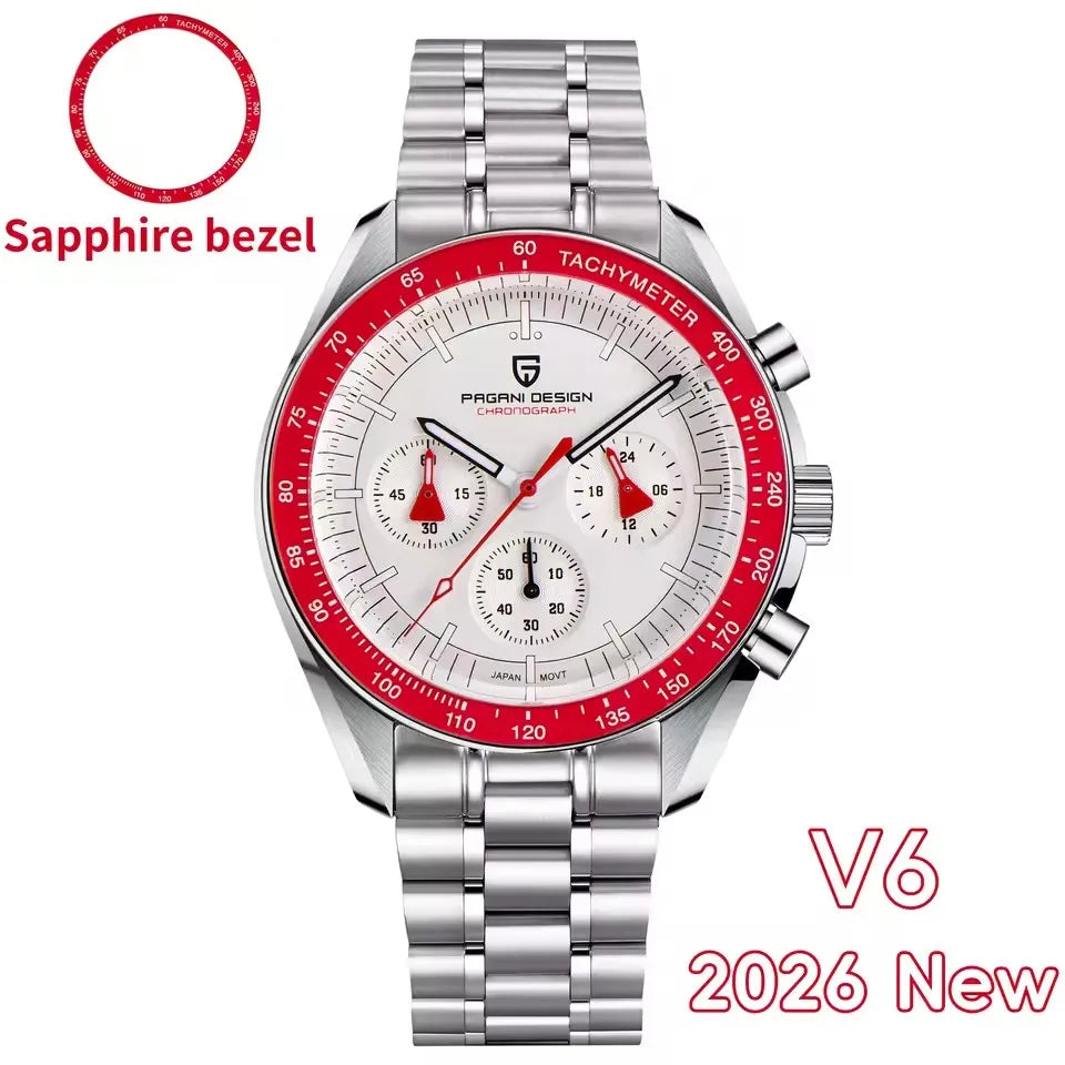 2026 New PAGANI DESIGN V6 Moon Men's Watcher Chronograph Quartz Watch Men Luxury AR Sapphire Ceramic Bezel Waterproof Luminous
