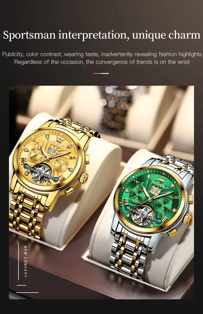 OLEVS Mechanical Watches Automatic Watch Men Waterproof Stainless Steel Strap Skeleton Gold Watch Male Wristwatch