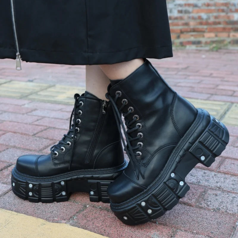 Gothic Motorcycle Boots Fashion Large Size Thick Heel Knight Boots Platform Metal Decoration Ankle Boots Punk High Top Shoes Ins
