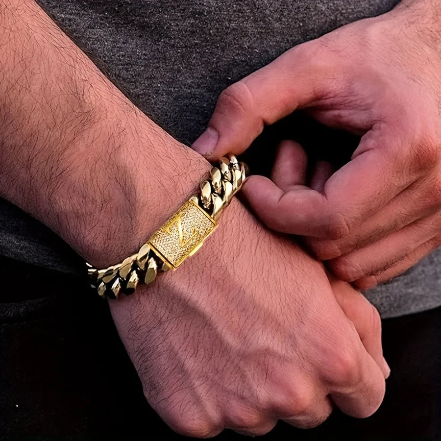 14mm Cuban Link Chain Bracelets 18K Gold Plated Stainless Steel Punk Exaggerated Big Bangle Bracelet. Letter A-Z Men'S Bracelet
