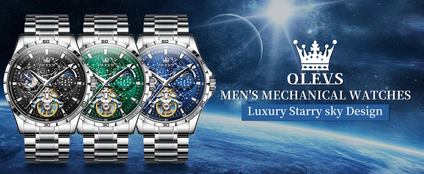 OLEVS Men's Watches Waterproof Multifunctional Luminous Fully Automatic Mechanical Watch Moon Phase Starry Original TOP Brand