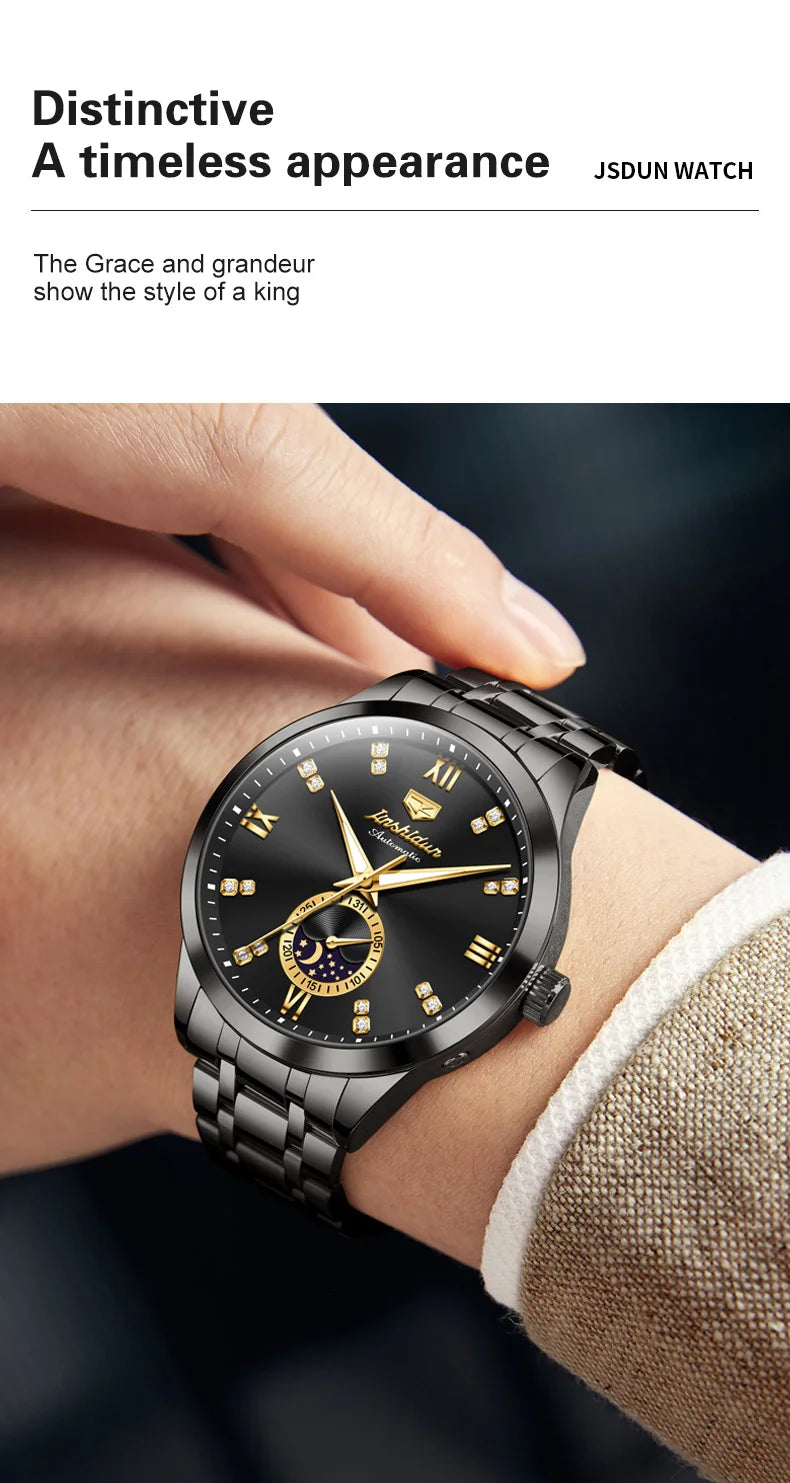 JSDUN Men's Watch Fashionable Business  Automatic Mechanical Watch Waterproof Luminous Moon Phase Watch Luxury Brand Men Watch