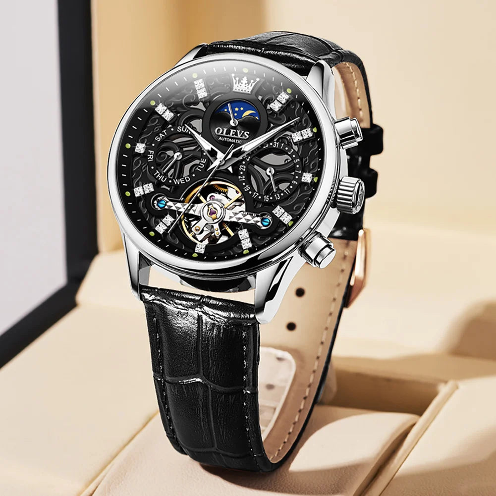 OLEVS Top Brand Men's Watches Fashion Skeleton Tourbillon Automatic Mechanical Wrist Watch for Men Waterproof Leather Strap New