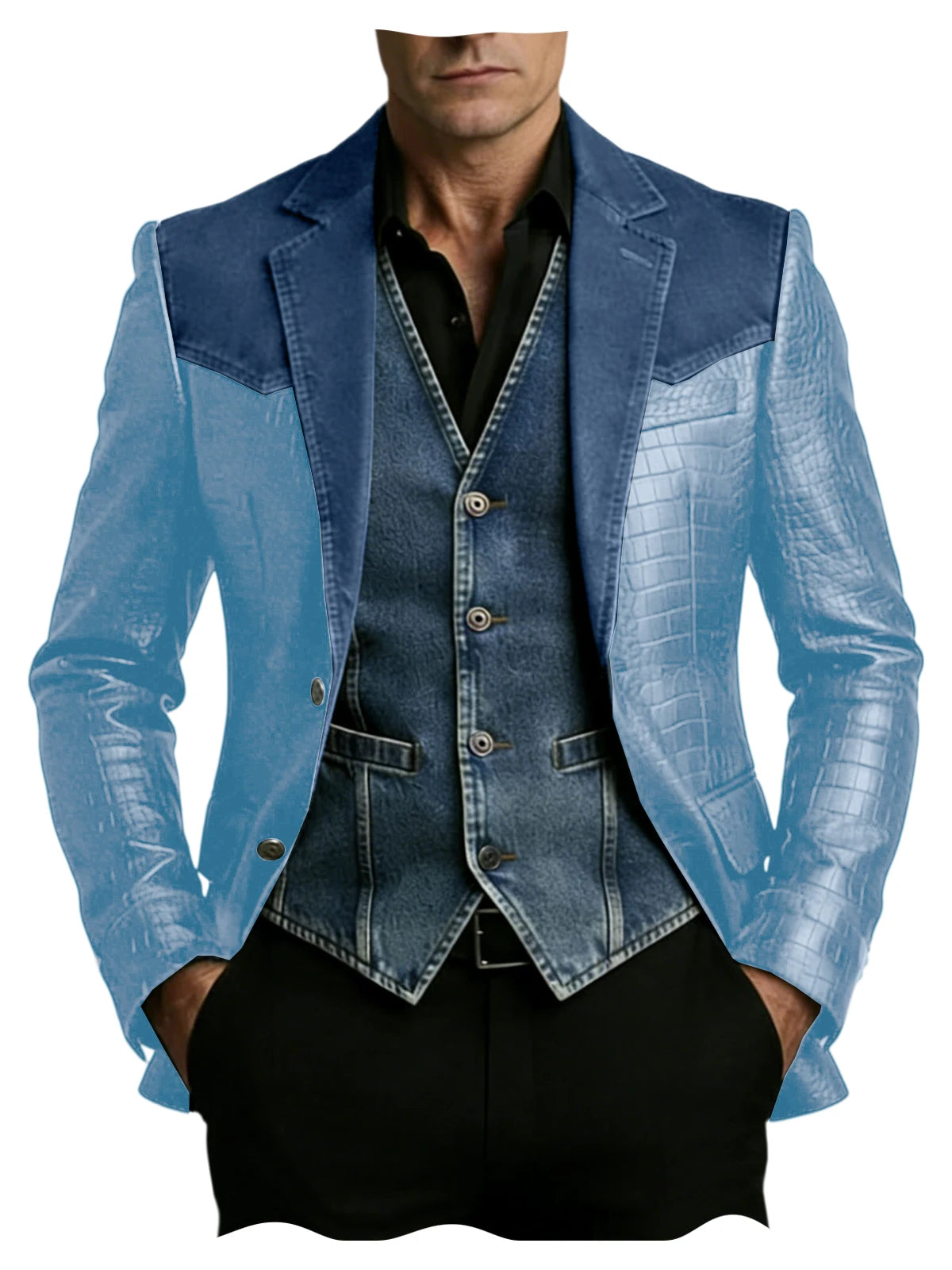 Men's Blazer Luxury Crocodile Embossed Leather Patchwork Denim Suit Jacket Notched Lapel Western Cowboy Party Casual Streetwear