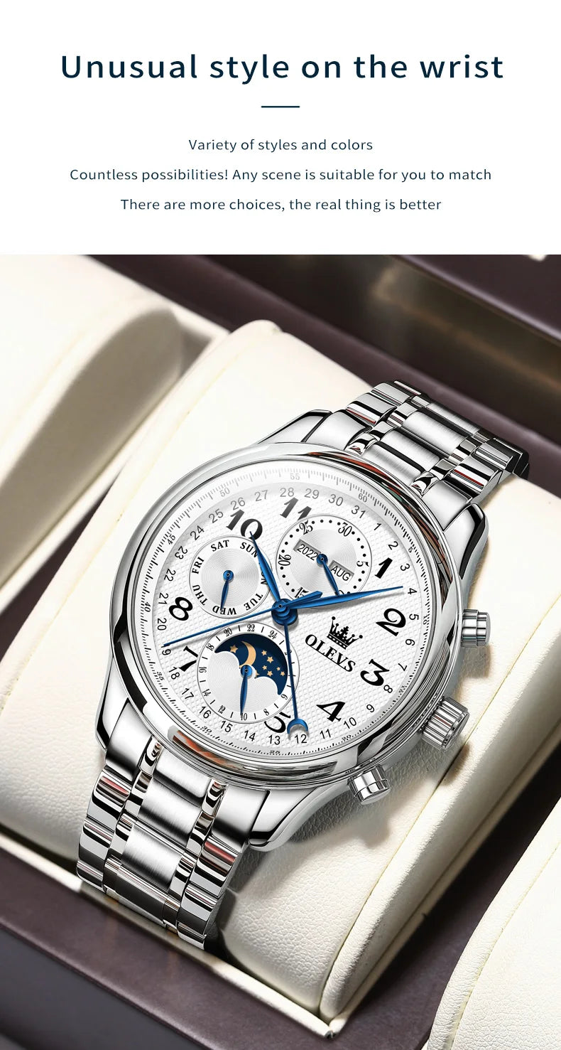 OLEVS Original Men's Automatic Wristwatch Moon Phase Calendar Waterproof Stainless Steel Leather Strap Mechanical Watch for Men