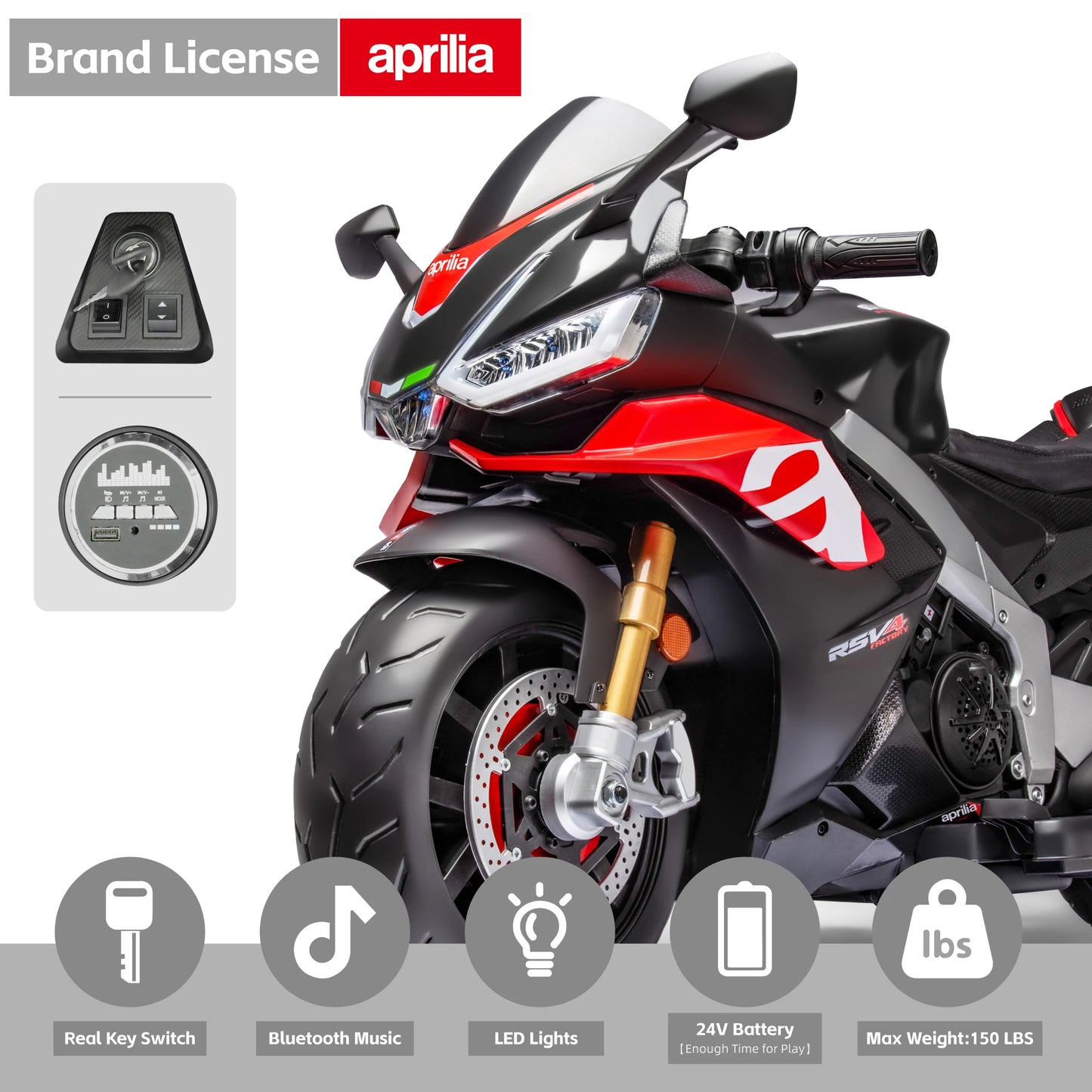 24V Kids Motorcycle Electric Motorbike Aprilia Licensed Ride on Toy w/LED Lights Bluetooth Music Battery Powered 10MPH