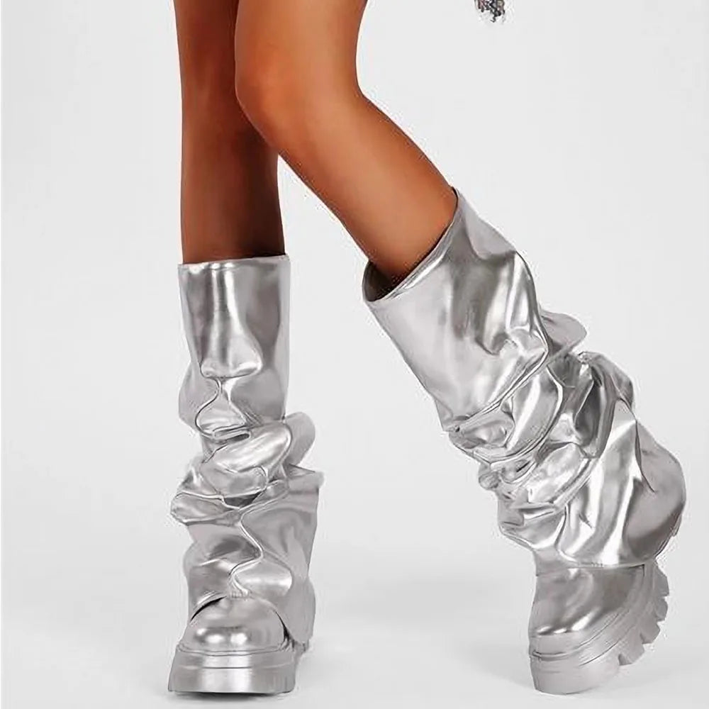 New Luxury Round Toe Chunky Heel Folding  Ladies Boots Fashion Street Shoot INS Metallic Nightclub Boots Woman