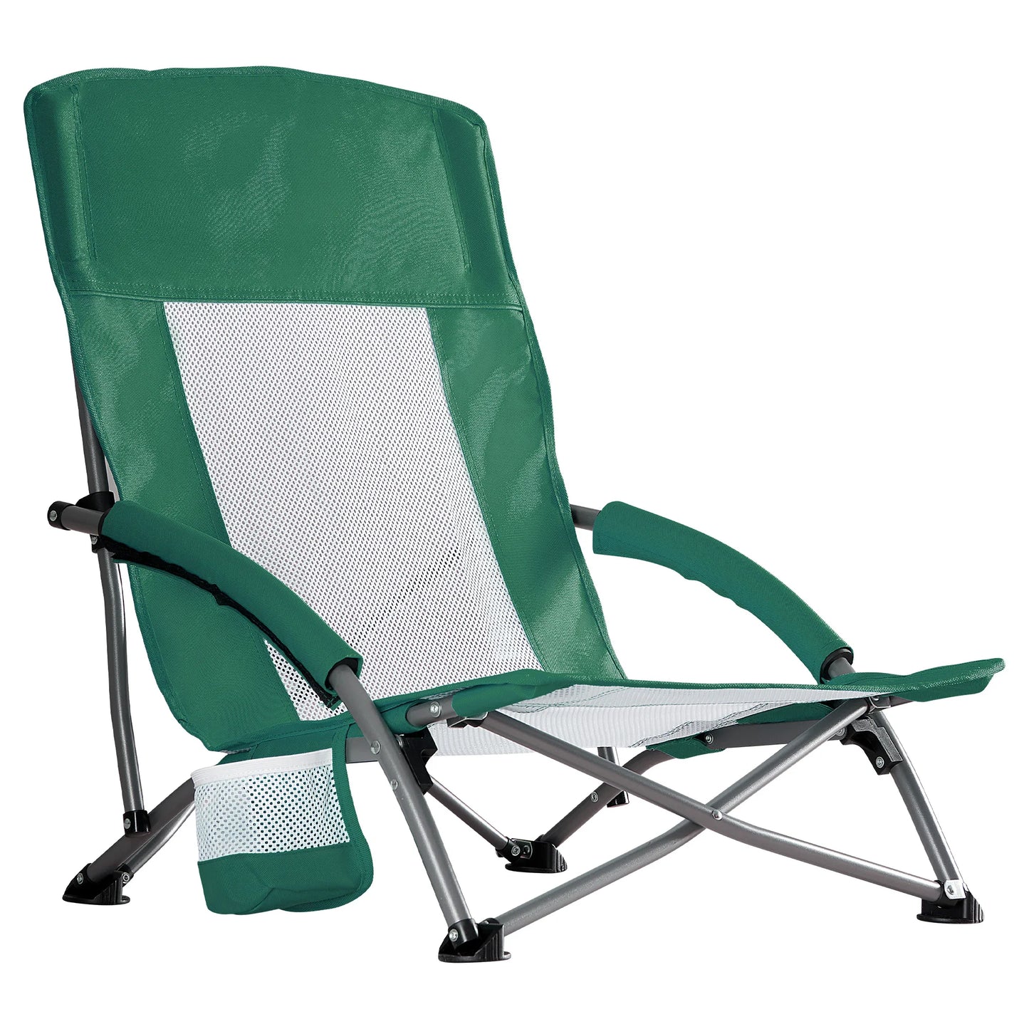 MCQ Outdoor Folding Low Beach Chair Collapsible Padded with Cup Holder Storage Bag Mesh Back Portable Camping Chair for Garden