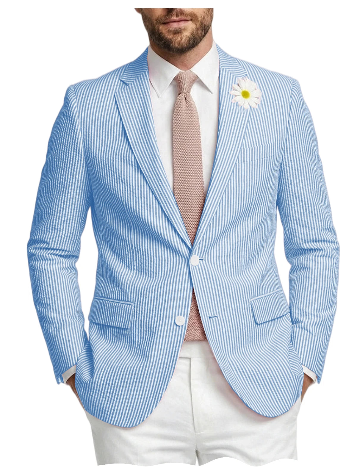 Men's Striped Seersucker Blazer Notch Lapel Slim Fit Suit Jacket Summer Lightweight Business Casual Sport Coat for Wedding Party